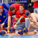 FUKUOKA, JAPAN - JULY 21: headcoach Vladimir Gojkovic of Montenegro, Dusan Matkovic of Montenegro, players of Montenegro during the World Aquatics Championships 2023 Men's match between Serbia and Montenegro on July 21, 2023 in Fukuoka, Japan (Photo by Albert ten Hove/Orange Pictures)