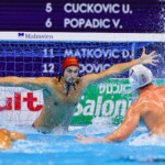 FUKUOKA, JAPAN - JULY 21: Petar Tesanovic of Montenegro during the World Aquatics Championships 2023 Men's match between Serbia and Montenegro on July 21, 2023 in Fukuoka, Japan (Photo by Albert ten Hove/Orange Pictures)
