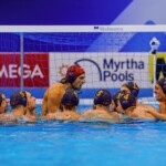 FUKUOKA, JAPAN - JULY 23: Petar Tesanovic of Montenegro, Miroslav Perkovic of Montenegro, Uros Cuckovic of Montenegro, Kanstantsin Averka of Montenegro, players of Montenegro during a team huddle during the World Aquatics Championships 2023 Men's crossover match between Croatia and Montenegro on July 23, 2023 in Fukuoka, Japan (Photo by Albert ten Hove/Orange Pictures)