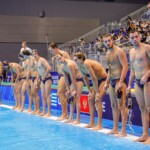 FUKUOKA, JAPAN - JULY 25: players of Montenegro about to jump in the water during the World Aquatics Championships 2023 Men's Waterpolo Quarterfinal match between Greece and Montenegro on July 25, 2023 in Fukuoka, Japan (Photo by Albert ten Hove/Orange Pictures)