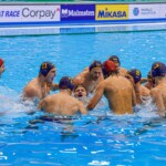 FUKUOKA, JAPAN - JULY 25: players of Montenegro shouting during a teamhuddle during the World Aquatics Championships 2023 Men's Waterpolo Quarterfinal match between Greece and Montenegro on July 25, 2023 in Fukuoka, Japan (Photo by Albert ten Hove/Orange Pictures)