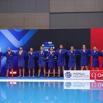 FUKUOKA, JAPAN - JULY 19: Lazar Andric of Montenegro, Aljosa Macic of Montenegro, Miroslav Perkovic of Montenegro, Kanstantsin Averka of Montenegro, Uros Cuckovic of Montenegro, Vlado Popadic of Montenegro, Djuro Radovic of Montenegro, Bogdan Durdic of Montenegro, Aleksa Ukropina of Montenegro, Vladan Spaic, Dusan Matkovic, Vasilije Radovic, Petar Tesanovic during the World Aquatics Championships 2023 Men's match between Spain and Montenegro on July 19, 2023 in Fukuoka, Japan (Photo by Albert ten Hove/Orange Pictures)