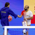 FUKUOKA, JAPAN - JULY 19: Petar Tesanovic of Montenegro, Felipe Perrone Rocha of Spain during the World Aquatics Championships 2023 Men's match between Spain and Montenegro on July 19, 2023 in Fukuoka, Japan (Photo by Albert ten Hove/Orange Pictures)